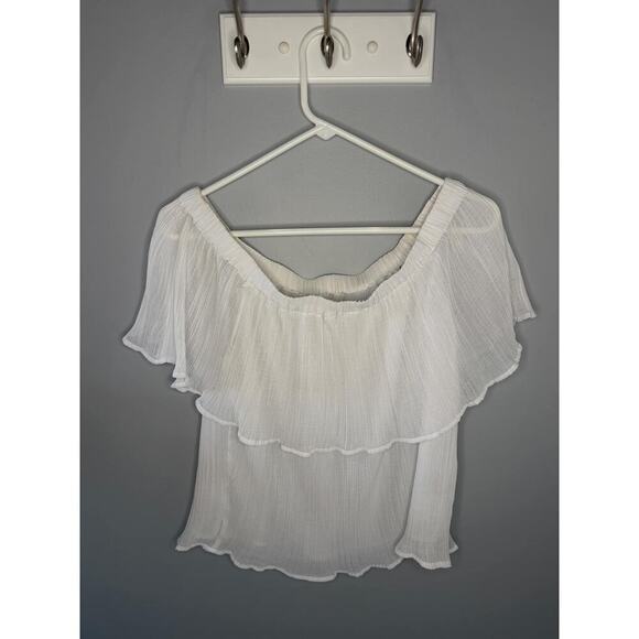 Express Pleated Sheer Off The Shoulder Peplum Top Pearl White Womens Medium - Picture 4 of 8